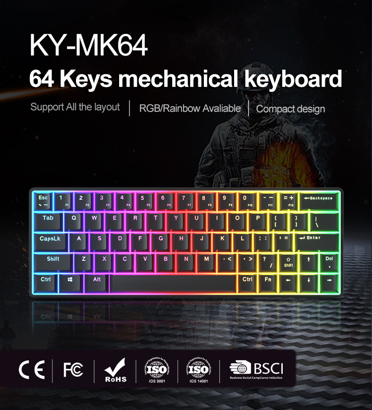 KY-MK64 Compact design 68 keys mechanical keyboard Printed logo,  Foldable Rubber feet 10
