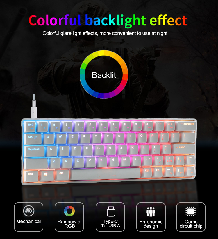 KY-MK64 Compact design 68 keys mechanical keyboard Printed logo,  Foldable Rubber feet 11