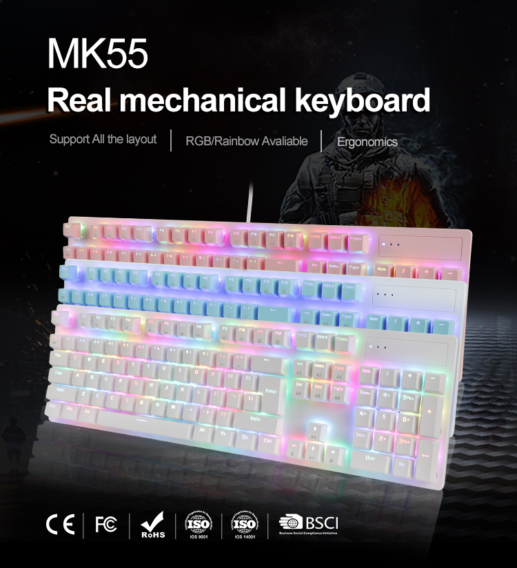 KY-MK55 104 Teclas con cable RGB LED Mecánico Gaming Teclado barato Teclas de doble inyección Gamer 9