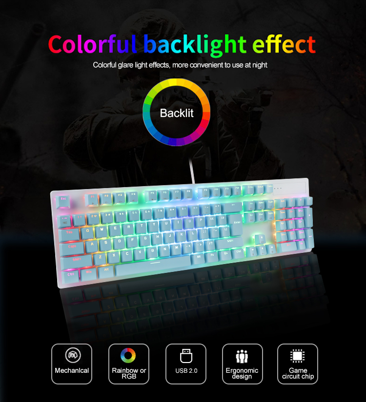 KY-MK55 104 Teclas con cable RGB LED Mecánico Gaming Teclado barato Teclas de doble inyección Gamer 10