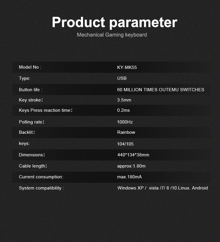KY-MK55 104 Teclas con cable RGB LED Mecánico Gaming Teclado barato Teclas de doble inyección Gamer 15