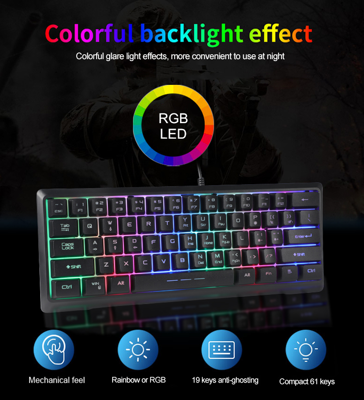 KY-K9961 Silent 60% Gaming Keyboard, RGB Backlit Ultra-Compact Mini Keyboard 11