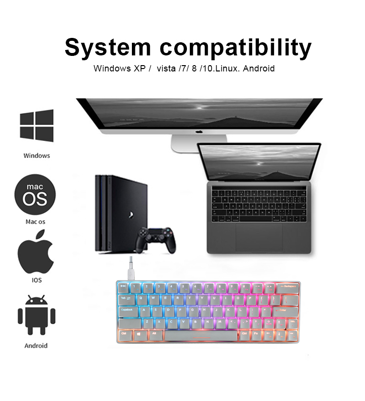 KY-MK64 Compact design 68 keys mechanical keyboard Printed logo,  Foldable Rubber feet 15