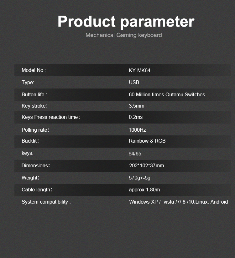 KY-MK64 Compact design 68 keys mechanical keyboard Printed logo,  Foldable Rubber feet 17