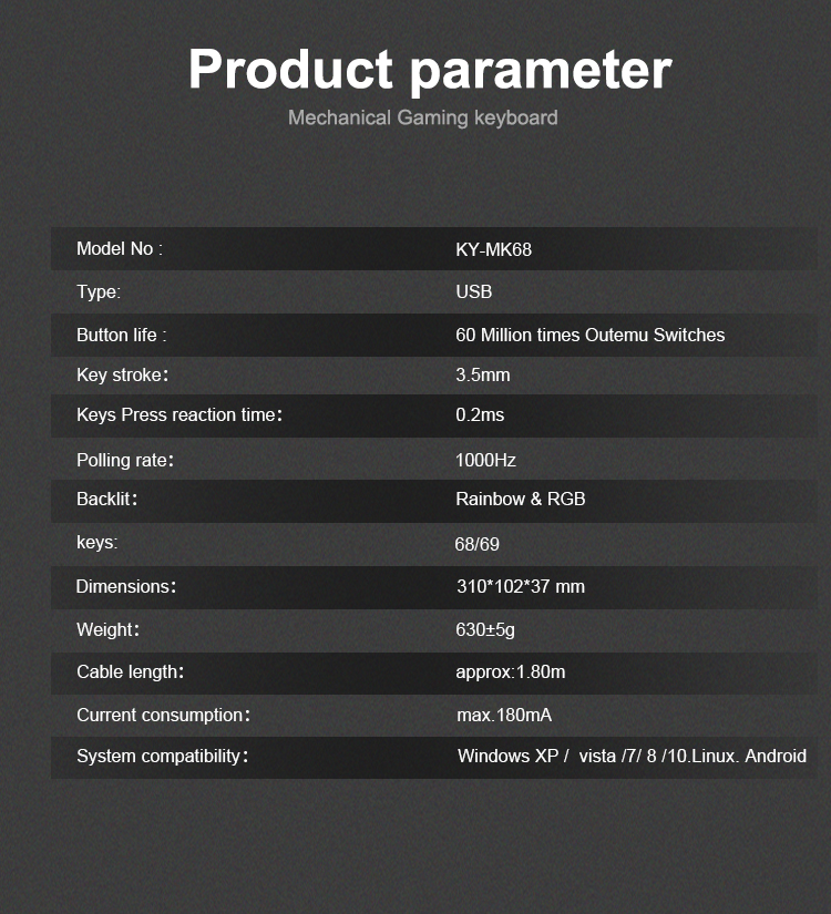 KY-MK68 Compact design 68 keys mechanical keyboard 16