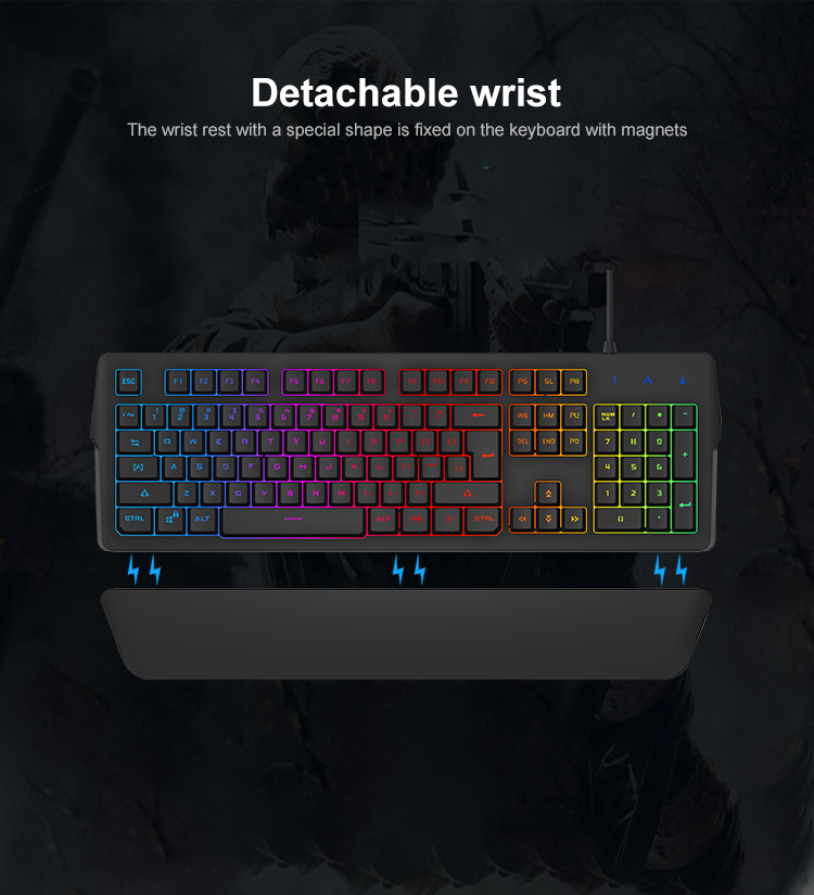 KY-K9250 Profesyonel Tedarikçi Ergonomik Kaymaz Tripod Klavye El dayanağı ile Renkli Serin Arkadan Aydınlatmalı Oyun Klavyesi 14