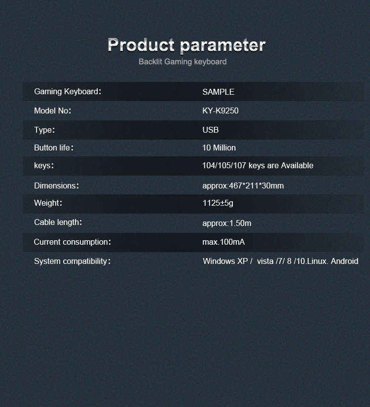 KY-K9250 Profesyonel Tedarikçi Ergonomik Kaymaz Tripod Klavye El dayanağı ile Renkli Serin Arkadan Aydınlatmalı Oyun Klavyesi 18