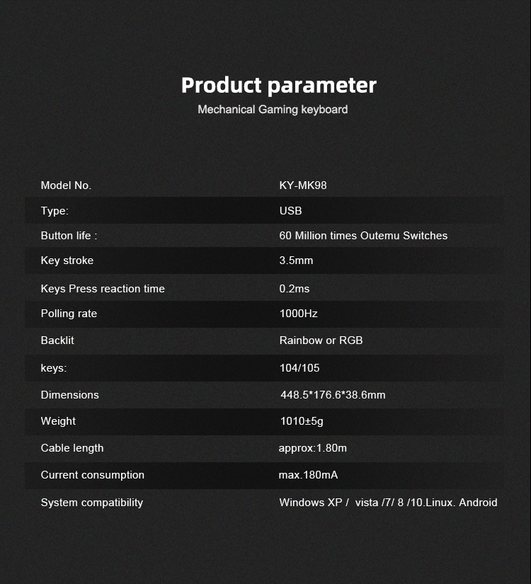 KY-MK98 IDM Rainbow & RGB backlight Mechanical Keyboard Compact design Full key versions mechanical keyboard with mobile 16