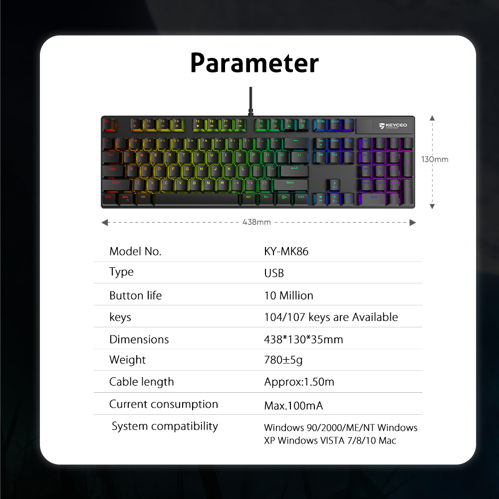 KY-MK86 لوحة مفاتيح ميكانيكية سلكية بإضاءة خلفية RGB / قوس قزح مفاتيح ميكانيكية مخصصة المملكة المتحدة الإنجليزية الألمانية الفرنسية لوحة مفاتيح USB للألعاب 104 مفتاح 13