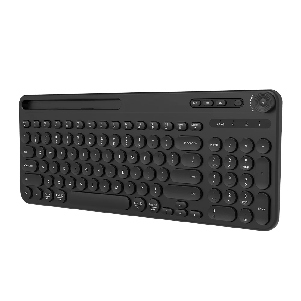 Hochwertige 2,4 g Dual-Modi-Bürotastatur mit Multimedia-Funktion. Tastatur mit U-förmiger Nut, vollständiger Satz runder Tastenkappen 1