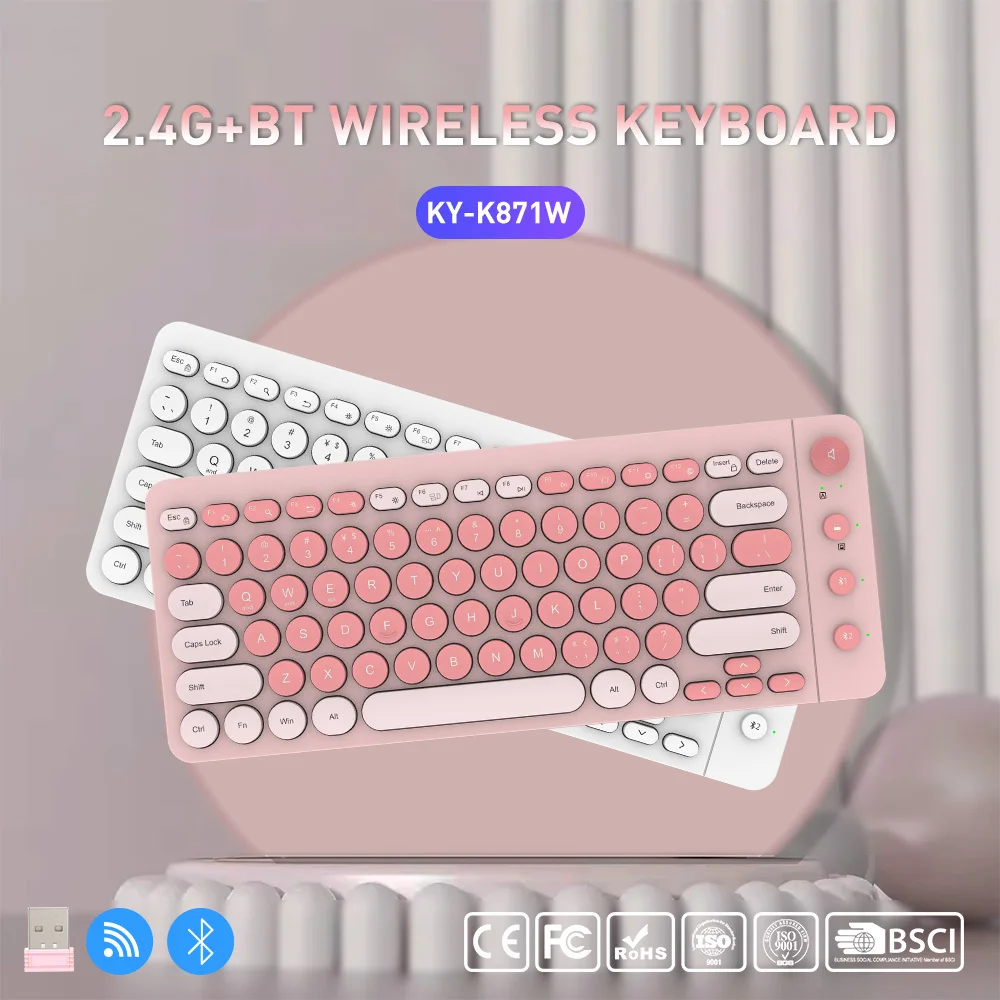 KY-K871W Clavier sans fil à double mode avec bouton de musique métal - 2.4g + BT1 + BT2, typage silencieux ergonomique, conception ultra-inspirée pour Office & Multimedia 1